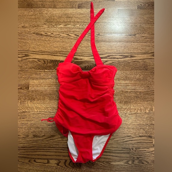 Red Ruched Halter One Piece Swimsuit Adjustable Bathing Suit Size XS - Picture 2 of 7